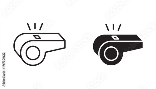 Whistle icon set. Soccer referee whistle vector icon. Coach blowing whistle symbol. Vector illustration. Transparent, white background.