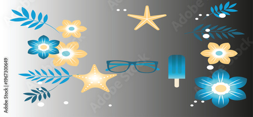 Summer time concept with seashells and starfish. traveler accessories, tropical palm leaf on with empty space for text. Travel summer holiday vacation banner concept, vector illustration.