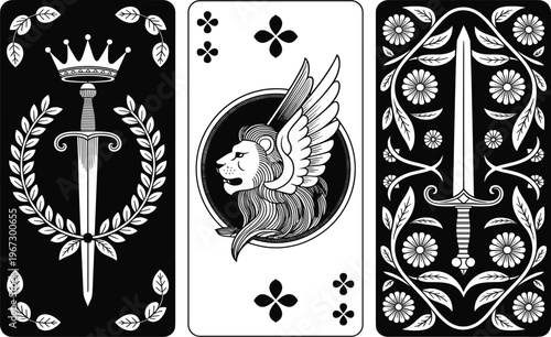 Playing cards illustration with sword, crown, winged lion and floral ornaments, vintage engraving style deck design, black and white vector isolated set