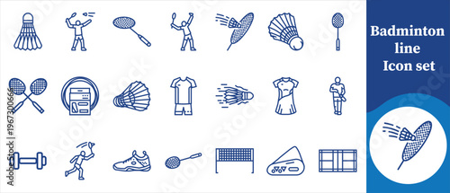 A collection of minimalist blue line icons depicting various elements related to the sport of badminton including players and equipment high quality professional