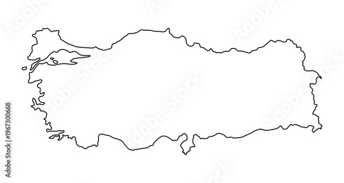 Vector map of Turkey, a transcontinental country, located in Asia and Europe. Detailed black contour, isolated on white background.