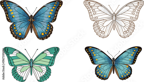 Colorful Butterfly Collection with Blue, Green, and Brown Wings, Featuring Detailed Line Art and Vibrant Patterns, Ideal for Nature, Spring, and Wildlife Designs