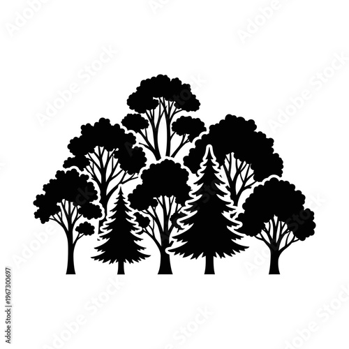 Silhouette of a lush forest with various tree types a natural landscape scene.