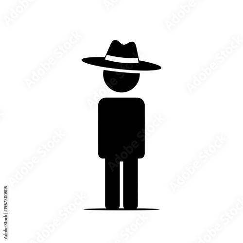 Silhouette of a person wearing a fedora hat standing upright simple design.
