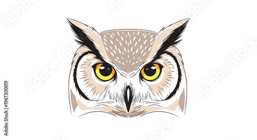 Detailed close-up portrait of an owl face with striking yellow eyes and soft feathers staring directly forward in a sharp illustration.