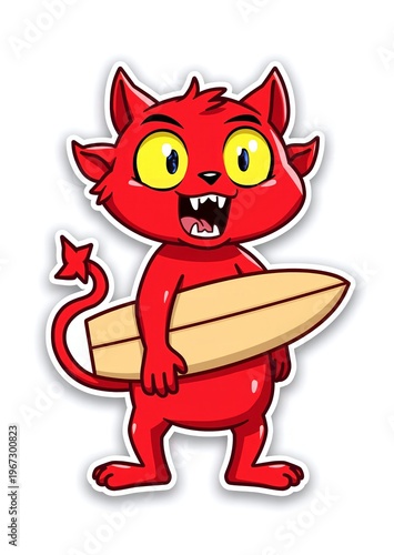 Excited black cartoon cat holding surfboard with wide eyes and open mouth