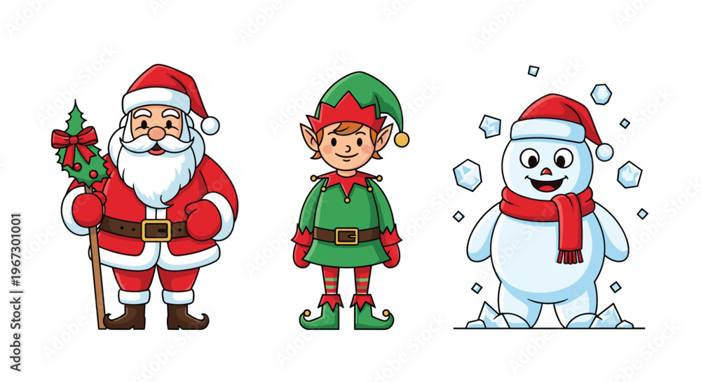 Fototapeta premium Festive holiday trio featuring Santa Claus holding a decorated staff, a cheerful green elf, and a smiling snowman in a winter scene.