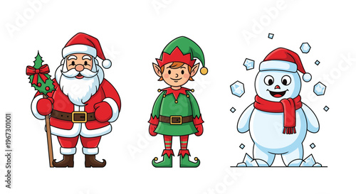 Festive holiday trio featuring Santa Claus holding a decorated staff, a cheerful green elf, and a smiling snowman in a winter scene.