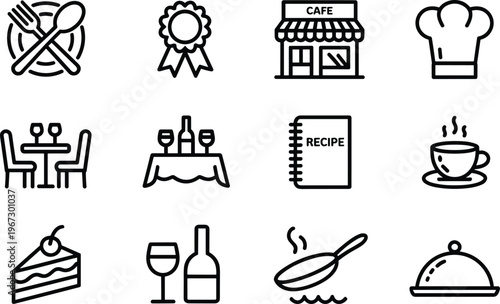 Restaurant and cafe outline icon set, dining, chef, menu, recipe, coffee, dessert, table service, wine, and food illustration vector collection