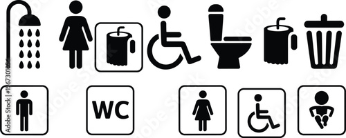 Restroom and bathroom facility icon set illustration, toilet shower sink accessibility WC symbols for public signage, women men disabled vector collection
