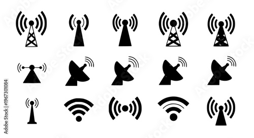 Minimal antenna tower vector icon set wireless signal EPS10 isolated on white