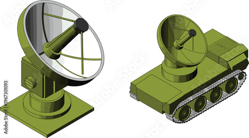 Satellite dish antenna illustration with mobile radar vehicle, communication technology concept, wireless signal equipment, isometric vector design for telecom and defense systems
