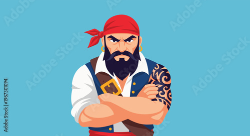 Tough looking pirate character with a thick black beard and a red bandana stares intensely while crossing his tattooed arms.