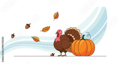 Thanksgiving scene features a large brown turkey standing next to a big orange pumpkin surrounded by falling autumn leaves and acorns.