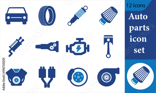 A collection of blue icons depicting various automotive parts including engines tires and filters arranged in a grid high quality professional detailed modern
