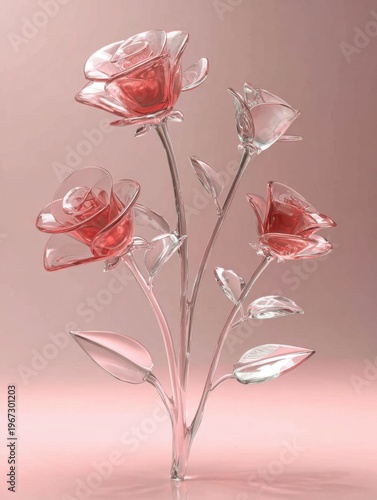 A bunch of transparent glass roses with soft pink color.
