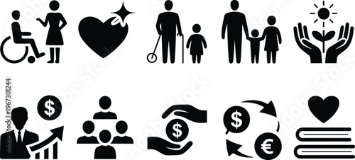 Social care, charity, finance, teamwork, and environment icon set illustration, disability support, family, money transfer, growth, education, and heart vector collection