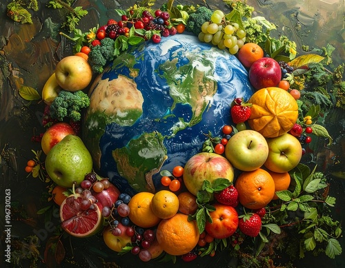 A vibrant, artistic representation of Earth surrounded by diverse fruits