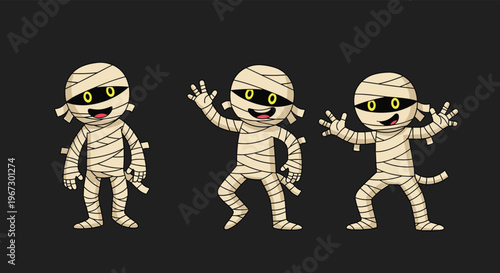 Trio of funny cartoon mummies wrapped in bandages show different comical and friendly poses against a solid black background.