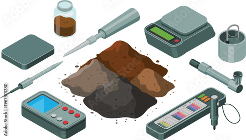 Soil testing equipment illustration, agriculture analysis tools, moisture meter, pH tester, sample collection, farming technology, environmental monitoring, flat vector isolated set