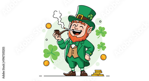 Cheerful Irish leprechaun in a green suit laughs while smoking a pipe and standing surrounded by gold coins and lucky green shamrocks.
