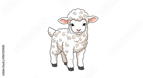 Adorable white lamb with curly wool and pink ears standing against a clean white background in a simple flat style.