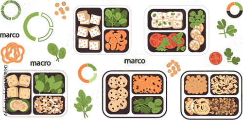 Healthy macro meal prep containers vector set with balanced plant based foods, tofu, vegetables, grains and protein portions for clean eating diet illustration
