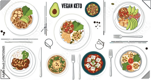 Vegan keto meal plates vector set with avocado, tofu, vegetables, seeds and healthy low carb dishes, plant based diet food illustration in flat style