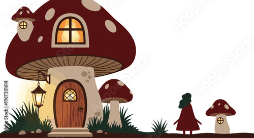 Whimsical mushroom house stands in a magical forest as a small hooded figure approaches the wooden door in this fairy tale scene.