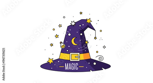 Purple wizard hat with magic text, mystical sorcerer cap with gold stars and crescent moon, fantasy witch accessory vector illustration