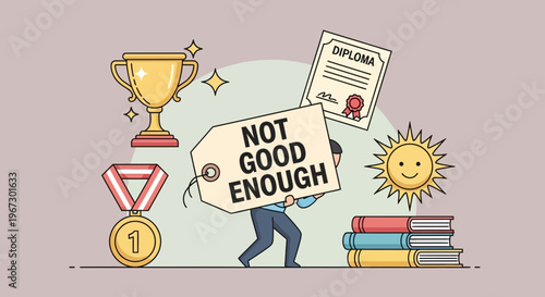 Feeling 'not good enough' despite success. An illustration of imposter syndrome, self-doubt, mental pressure, and achievements
