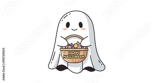 Kawaii Halloween ghost vector illustration, cute spooky character holding a candy basket, happy halloween trick or treat mascot on white background