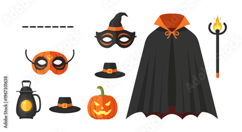 Halloween costume accessories set, spooky masquerade masks and vampire cloak vector, jack o lantern pumpkin and witch hats collection