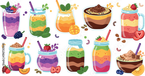 Colorful smoothie jars and dessert drinks vector set with layered fruits, granola, chocolate and superfood ingredients, vibrant healthy beverage illustration