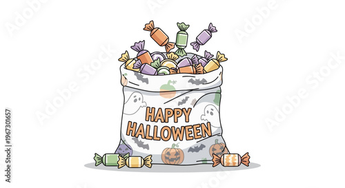 Happy Halloween candy bag vector illustration, trick or treat sack filled with sweets and chocolates, spooky holiday party graphics