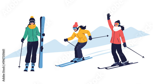 Group of three skiers in colorful winter gear enjoy a day on the snowy slopes with mountains visible in the hazy blue background.