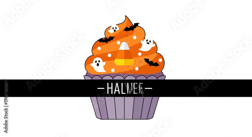 Halloween cupcake vector illustration, orange frosted muffin with ghosts and bats, spooky holiday dessert with candy corn and HALLOWEEN text
