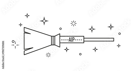 Minimalist broom vector icon with AIP text, cleaning tool illustration with sparkles, black and white line art of a sweeping brush
