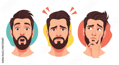 Handsome bearded man shows three distinct facial expressions including shocked surprise, sadness with worry, and pensive deep thought.