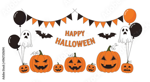 Halloween party banner vector with spooky pumpkins and ghosts, festive orange and black bunting garland, cute jack o lantern illustration set