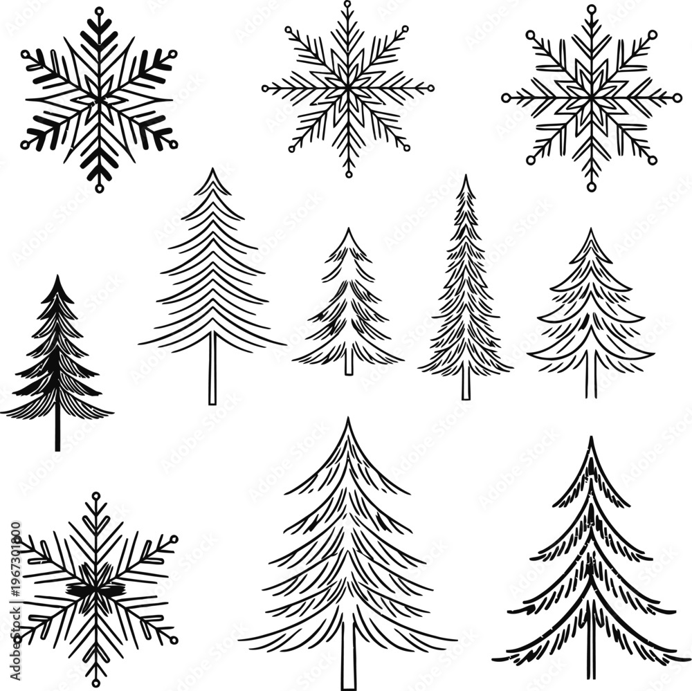 Obraz premium Hand-drawn winter trees and snowflakes vector elements