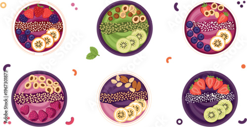 Colorful smoothie bowls vector set with berries, banana, kiwi, granola and seeds, healthy breakfast superfood compositions and vegan nutrition illustration