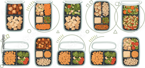 Healthy meal prep jar containers vector set with plant based foods, tofu, lentils, vegetables and grains, balanced diet lunch ideas and clean eating illustration