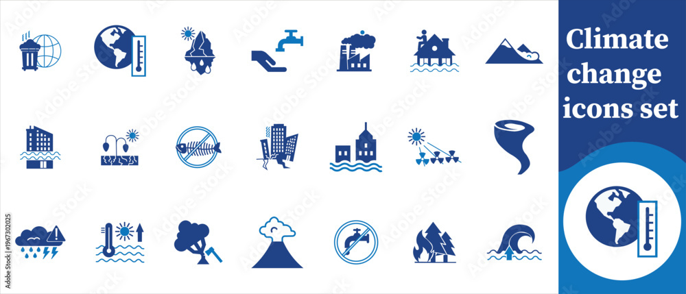Fototapeta premium This image displays a collection of blue climate change icons depicting various environmental impacts and related concepts high quality professional detailed modern elegant