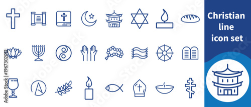 A collection of blue line icons representing various religious symbols and beliefs from different cultures and faiths high quality professional detailed modern elegant