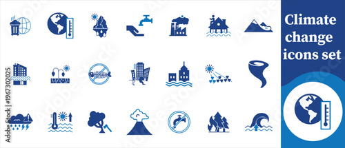 This image displays a collection of blue climate change icons depicting various environmental impacts and related concepts high quality professional detailed modern elegant