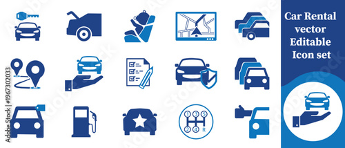 A collection of blue vector icons representing various aspects of car rentals including vehicles services and related equipment high quality professional detailed modern