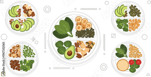 Healthy balanced meal bowls vector set with avocado, nuts, legumes, seeds and leafy greens, plant based nutrition plates for clean eating and diet planning illustration