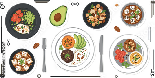 Healthy balanced meal plates vector with tofu, avocado, grains, vegetables and legumes, plant based diet dishes for clean eating and nutrition illustration