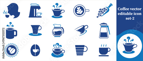 A collection of blue coffee related vector icons depicts various stages of coffee preparation and enjoyment from bean to cup high quality professional